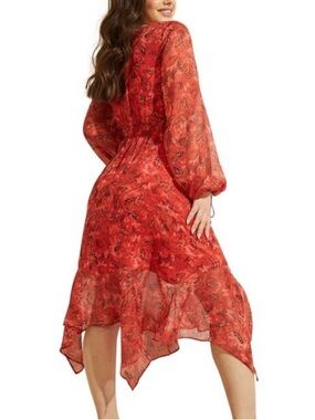 NWT Guess Red Floral Chiffon Midi Dress